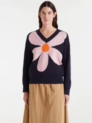 Jersey de punto jacquard con estampado big navy blue flower